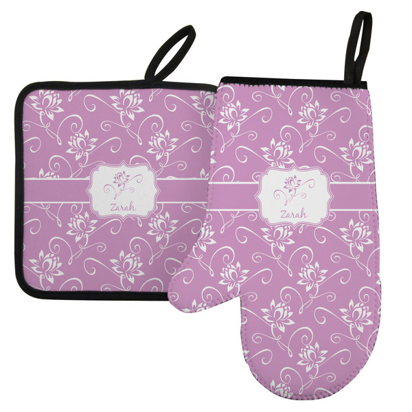 Custom Lotus Flowers Left Oven Mitt & Pot Holder Set w/ Name or Text