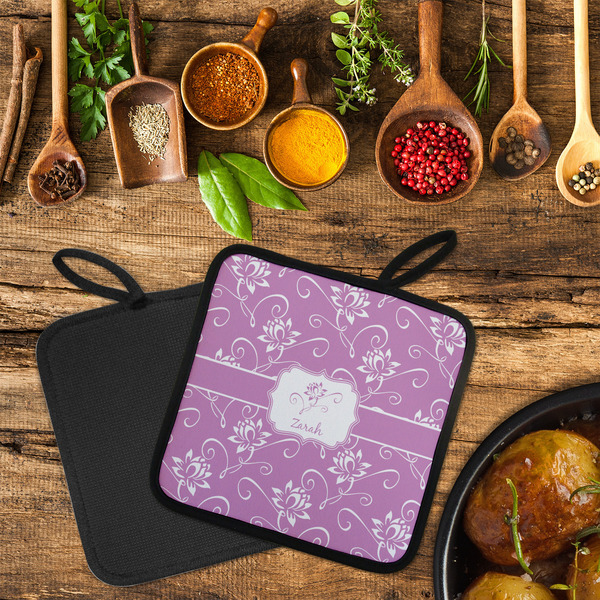 Lotus Flowers Neoprene Pot Holder - Set of 2  LIFESTYLE (Flatlay)