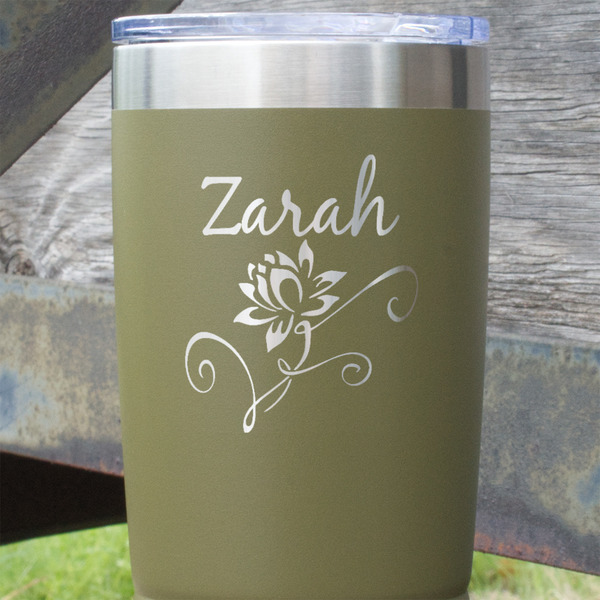 Lotus Flowers Olive Polar Camel Tumbler - 20oz - Close Up