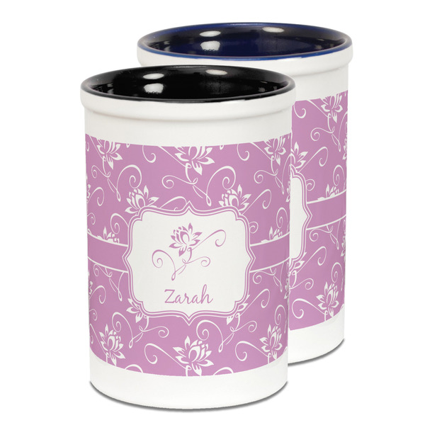 Custom Lotus Flowers Ceramic Pencil Holder - Large