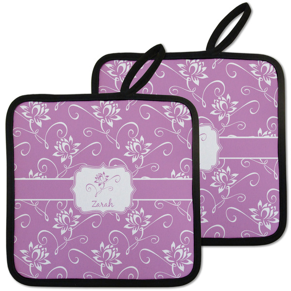 Custom Lotus Flowers Pot Holders - Set of 2 w/ Name or Text