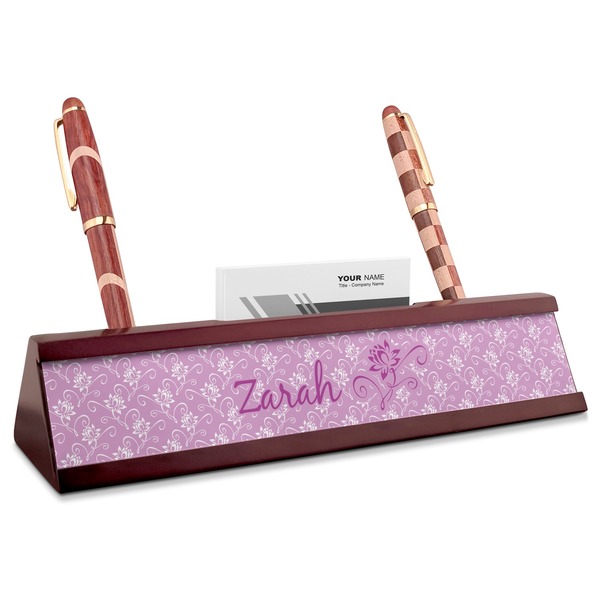 Custom Lotus Flowers Red Mahogany Nameplate with Business Card Holder (Personalized)