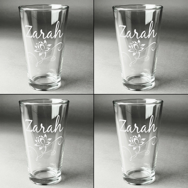 Lotus Flowers Set of Four Engraved Beer Glasses - Individual View