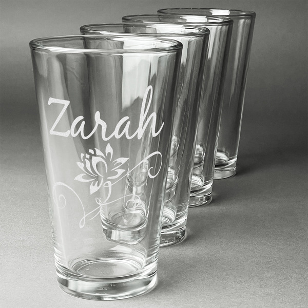 Custom Lotus Flowers Pint Glasses - Engraved (Set of 4) (Personalized)