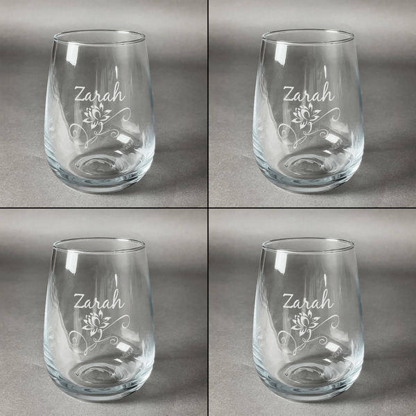 Lotus Flowers Set of Four Personalized Stemless Wineglasses (Approval)