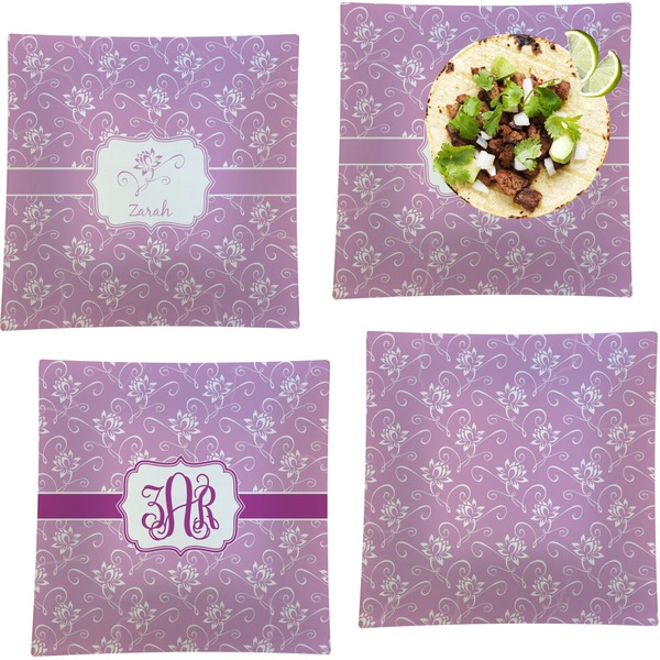 Custom Lotus Flowers Set of 4 Glass Square Lunch / Dinner Plate 9.5" (Personalized)