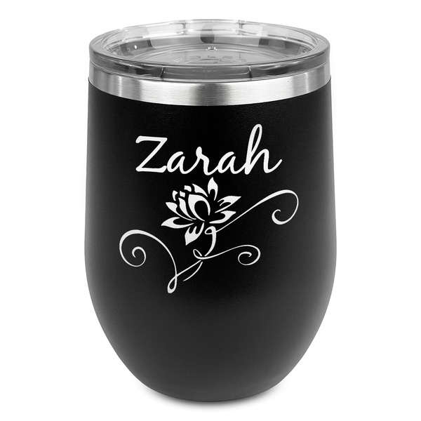 Custom Lotus Flowers Stemless Stainless Steel Wine Tumbler - Black - Double Sided (Personalized)