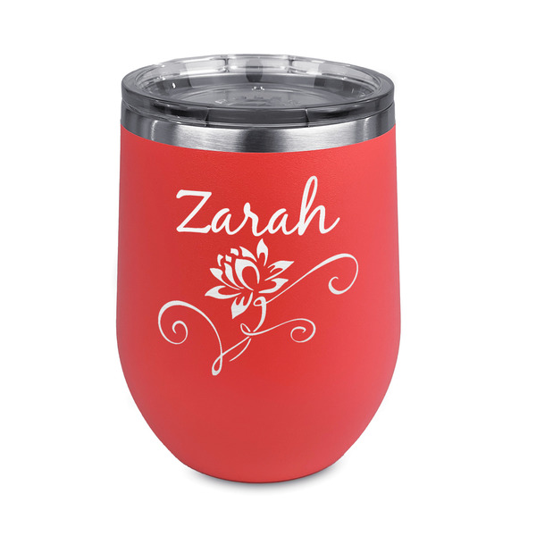 Custom Lotus Flowers Stemless Stainless Steel Wine Tumbler - Coral - Double Sided (Personalized)