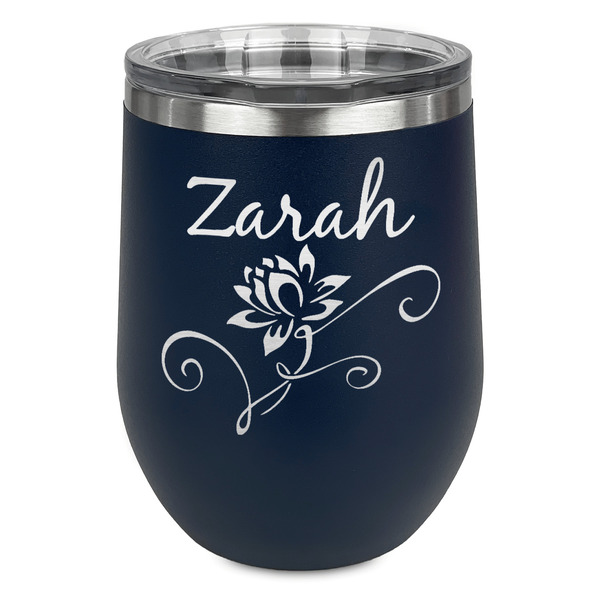 Custom Lotus Flowers Stemless Stainless Steel Wine Tumbler - Navy - Double Sided (Personalized)
