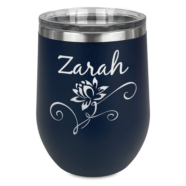 Custom Lotus Flowers Stemless Stainless Steel Wine Tumbler - Navy - Single Sided (Personalized)