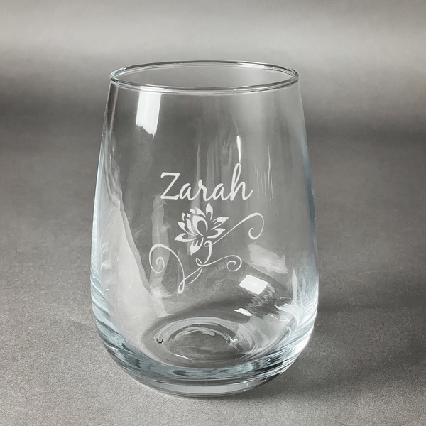 Custom Lotus Flowers Stemless Wine Glass - Engraved (Personalized)