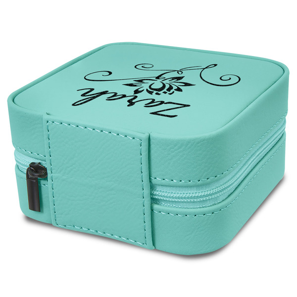Lotus Flowers Travel Jewelry Boxes - Leather - Teal - View from Rear