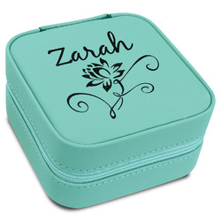 Lotus Flowers Travel Jewelry Box - Teal Leather (Personalized)
