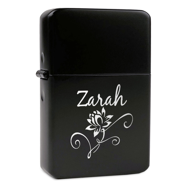Custom Lotus Flowers Windproof Lighter - Black - Double Sided & Lid Engraved (Personalized)