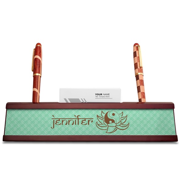 Om Red Mahogany Nameplates with Business Card Holder - Straight