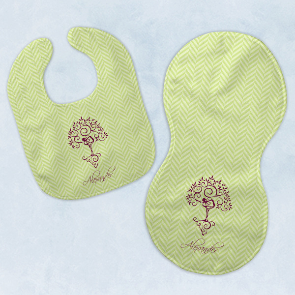 Custom Yoga Tree Baby Bib & Burp Set w/ Name or Text