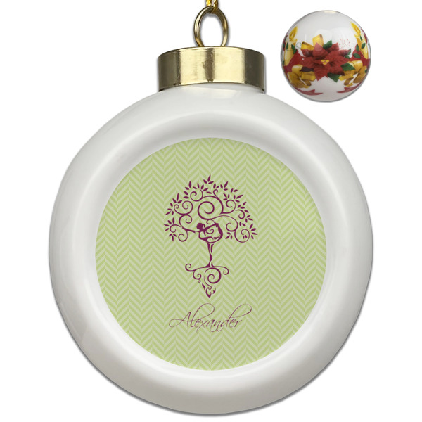Custom Yoga Tree Ceramic Ball Ornaments - Poinsettia Garland (Personalized)