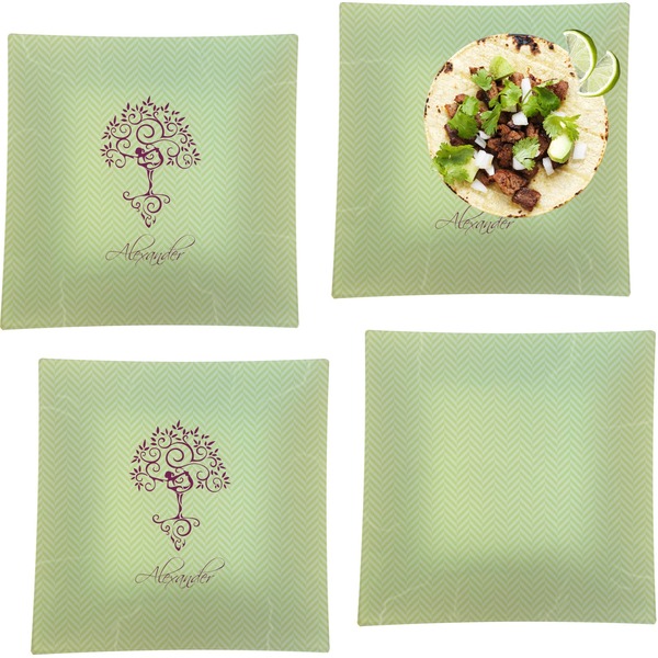 Custom Yoga Tree Set of 4 Glass Square Lunch / Dinner Plate 9.5" (Personalized)
