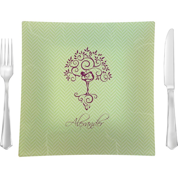 Custom Yoga Tree 9.5" Glass Square Lunch / Dinner Plate- Single or Set of 4 (Personalized)