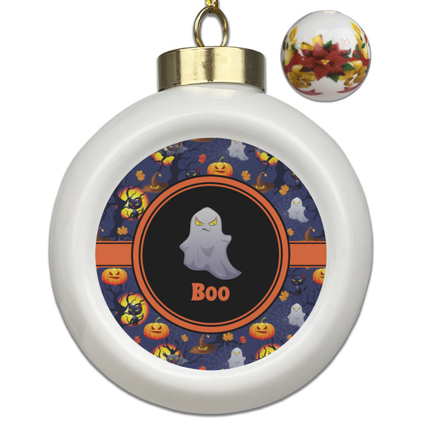 Custom Halloween Night Ceramic Ball Ornaments - Poinsettia Garland (Personalized)