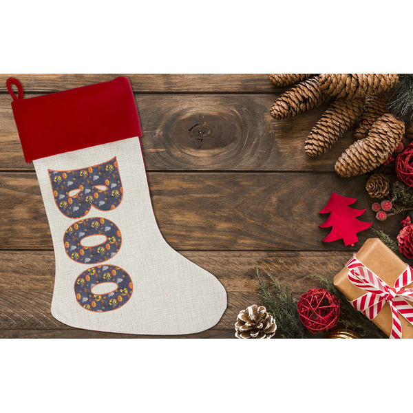 Halloween Night Linen Stocking w/Red Cuff - Flat Lay (LIFESTYLE)