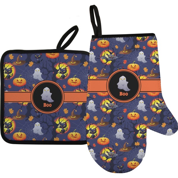 Custom Halloween Night Oven Mitt & Pot Holder Set w/ Name or Text