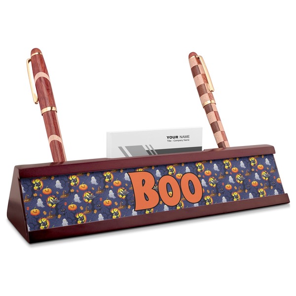 Custom Halloween Night Red Mahogany Nameplate with Business Card Holder (Personalized)