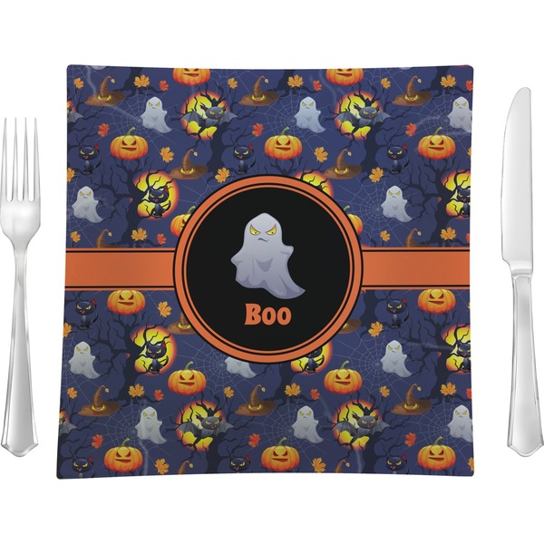 Custom Halloween Night 9.5" Glass Square Lunch / Dinner Plate- Single or Set of 4 (Personalized)
