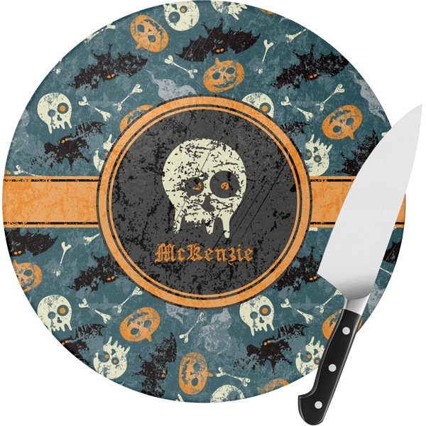 Custom Vintage / Grunge Halloween Round Glass Cutting Board - Small (Personalized)