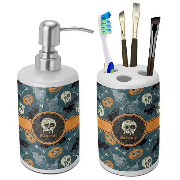 Custom Vintage / Grunge Halloween Ceramic Bathroom Accessories Set (Personalized)