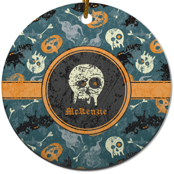 Custom Vintage / Grunge Halloween Round Ceramic Ornament w/ Name or Text