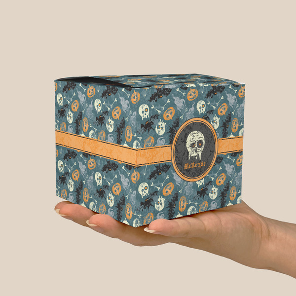 Vintage / Grunge Halloween Cube Favor Gift Box - On Hand - Scale View