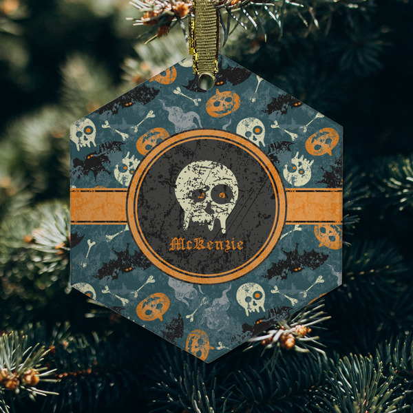 Vintage / Grunge Halloween Frosted Glass Ornament - Hexagon (Lifestyle)