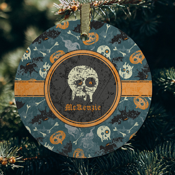 Vintage / Grunge Halloween Frosted Glass Ornament - Round (Lifestyle)