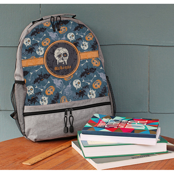 Vintage / Grunge Halloween Large Backpack - Gray - On Desk