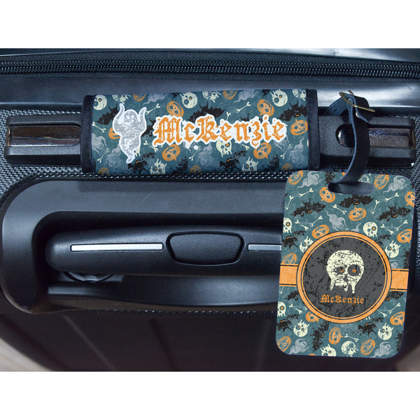 Vintage / Grunge Halloween Metal Luggage Tag & Handle Wrap - In Context