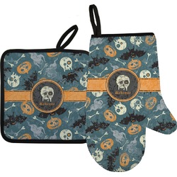 Vintage / Grunge Halloween Oven Mitt & Pot Holder Set w/ Name or Text