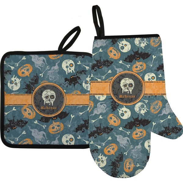 Custom Vintage / Grunge Halloween Right Oven Mitt & Pot Holder Set w/ Name or Text