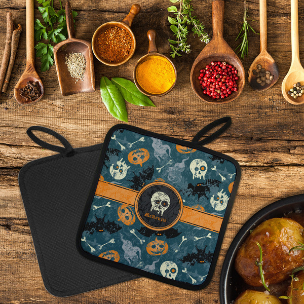 Vintage / Grunge Halloween Neoprene Pot Holder - Set of 2  LIFESTYLE (Flatlay)