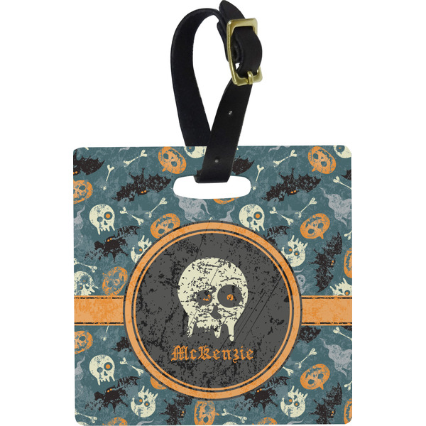 Custom Vintage / Grunge Halloween Plastic Luggage Tag - Square w/ Name or Text