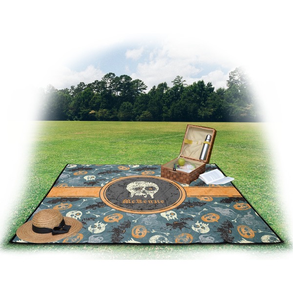 Vintage / Grunge Halloween Picnic Blanket - with Basket Hat and Book - in Use