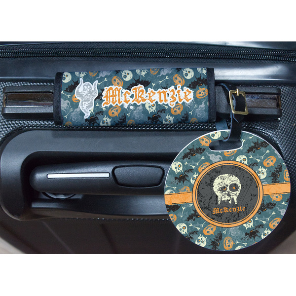 Vintage / Grunge Halloween Round Luggage Tag & Handle Wrap - In Context