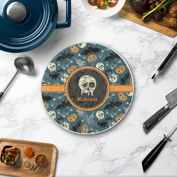Vintage / Grunge Halloween Round Stone Trivet - In Context View