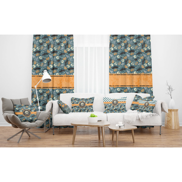Vintage / Grunge Halloween Sheer and Custom Curtains in Room with Matching Pillows