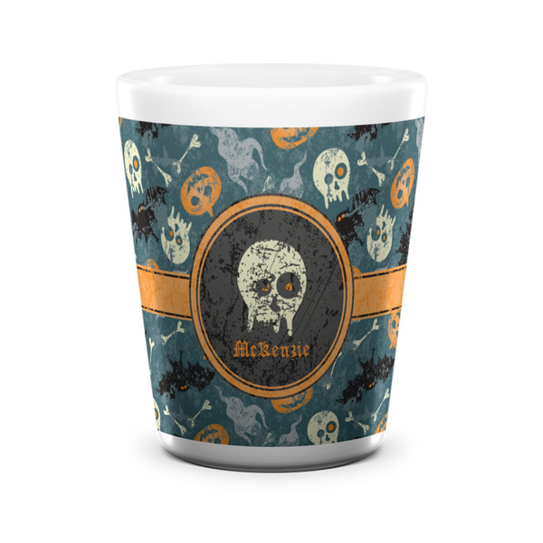 Custom Vintage / Grunge Halloween Ceramic Shot Glass - 1.5 oz - White - Set of 4 (Personalized)