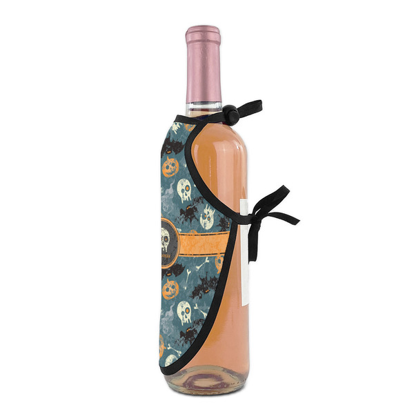 Vintage / Grunge Halloween Wine Bottle Apron - DETAIL WITH CLIP ON NECK