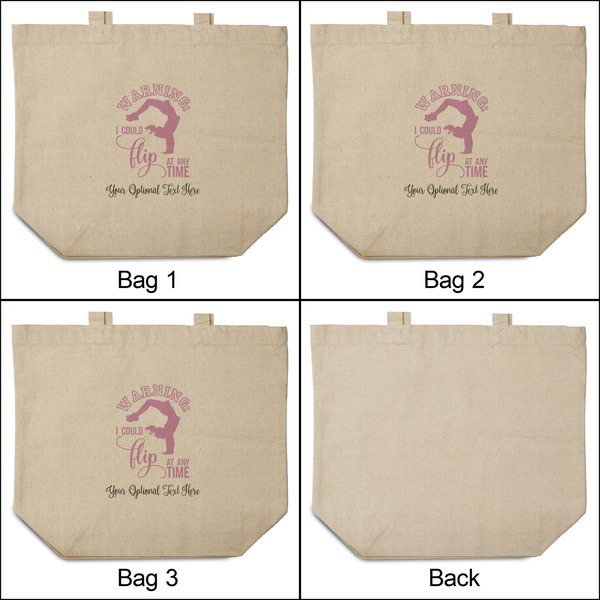 Gymnastics with Name/Text 3 Reusable Cotton Grocery Bags - Front & Back View