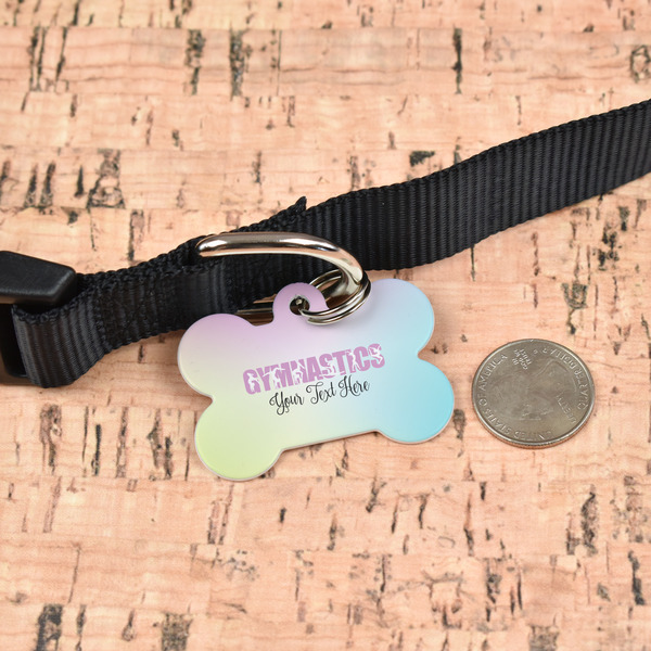 Gymnastics with Name/Text Bone Shaped Dog ID Tag - Large - In Context