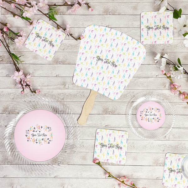 Gymnastics with Name/Text Party Supplies Combination Image - All items - Plates, Coasters, Fans