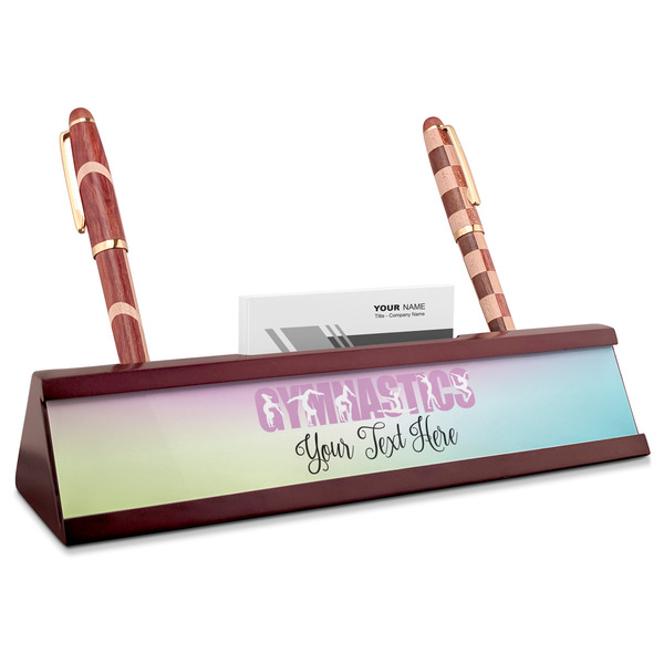 Custom Gymnastics with Name/Text Red Mahogany Nameplate with Business Card Holder (Personalized)
